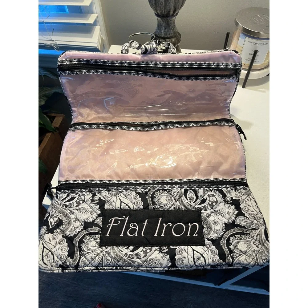 Hanging Travel Organizer Bag Black White Paisley Flat Iron Case